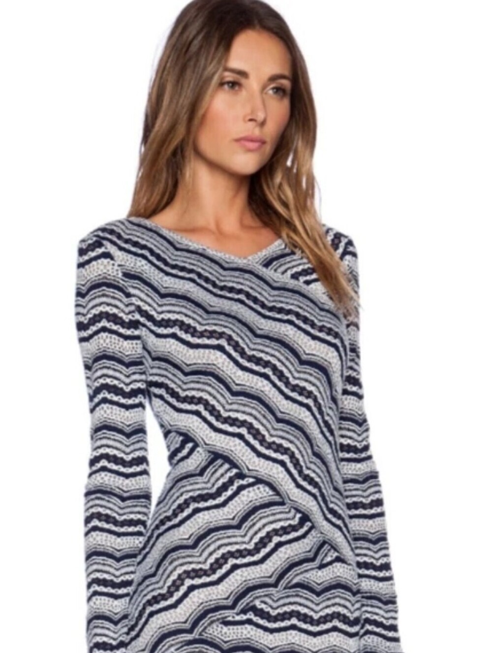 BCBG Maxazria MELYSA LONG-SLEEVE Navy Blue White Lace Blouse Top Stretch Sz S
